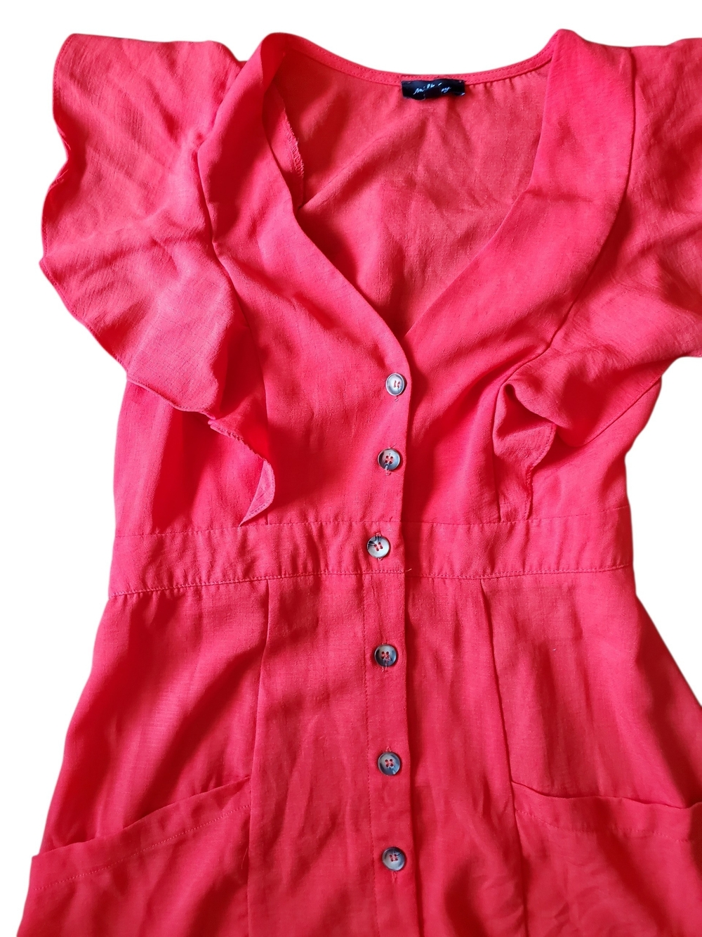 Coral Red Button-Front Ruffle Sleeve Dress